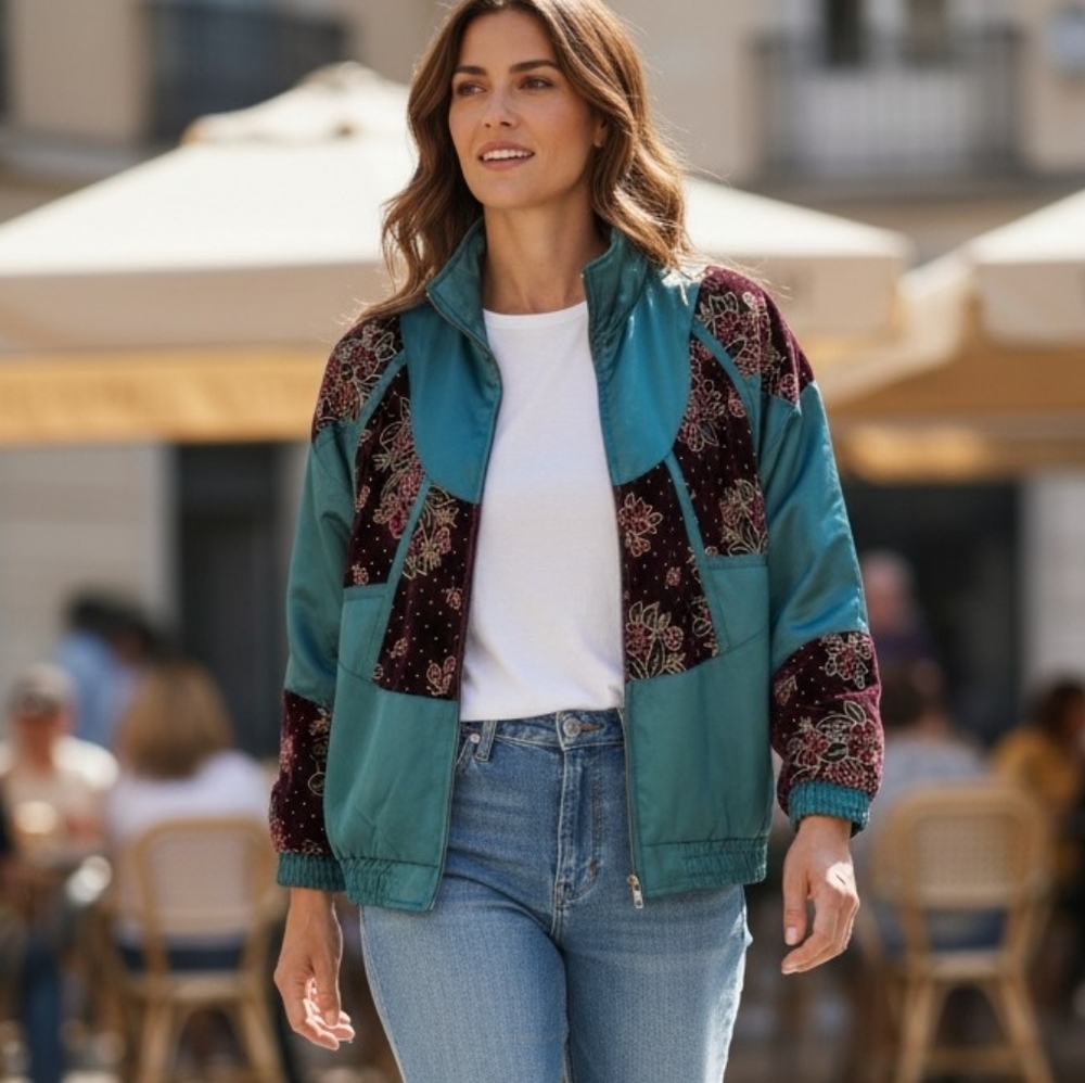 LAVON Vintage puffy windbreaker in green and burgundy with embroidered flowers.